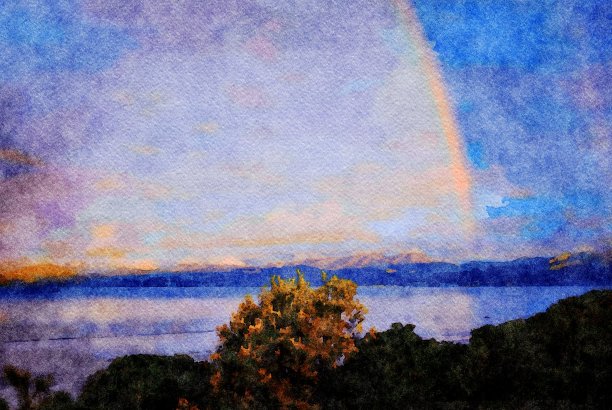 水彩画的海景地平线在日落图片下载