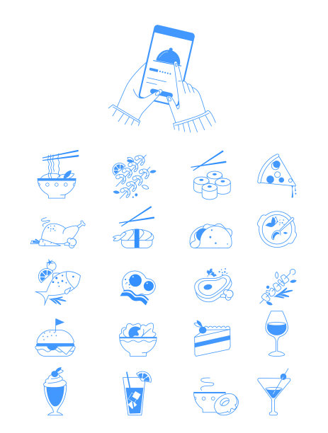 咖啡馆和餐厅轮廓图标收集。图片下载