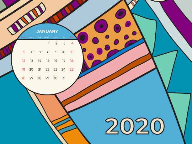 2020年一月日历抽象当代艺术矢量。桌面，屏幕，桌面01月，2020年，多彩2020日历图片下载