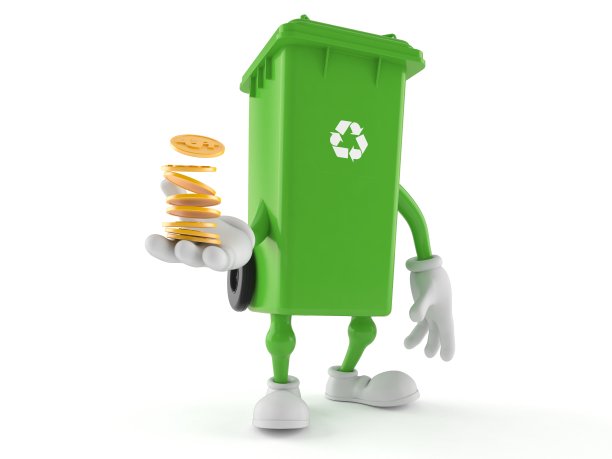 垃圾箱字符与硬币堆叠图片下载