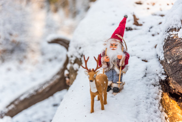 圣诞老人带着滑雪板和鹿娃娃过圣诞节图片下载