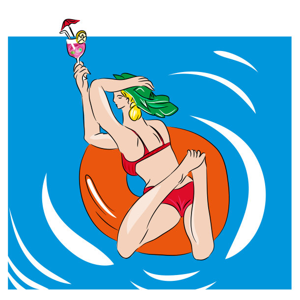 插图的女人在比基尼日光浴假日泳池与鸡尾酒。图片下载