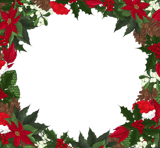 圣诞背景与传统的新年节日植物。彩色的节日框架，手绘圣诞图标，装饰元素。槲寄生，一品红花，松果，冬青和浆果。请帖，贺卡模板。图片下载