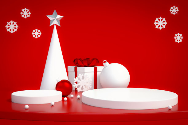 白色圣诞树，礼盒和圣诞球装饰对象组与领奖台展示站在红色背景3d渲染。图片下载