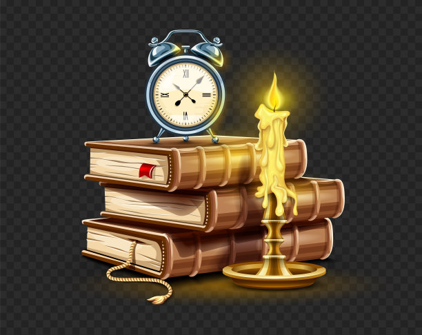 经典的闹钟放在一堆书和蜡烛横幅上。矢量插图。图片下载
