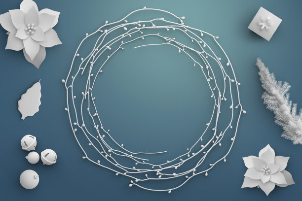 圣诞主题和新年作文。圣诞礼物，木制蓝色背景上的微型小物件。平铺，俯视图，拷贝空间。三维渲染图片下载