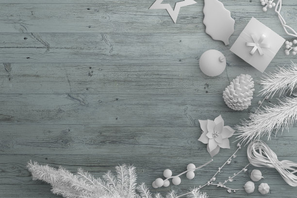 圣诞主题和新年作文。圣诞礼物，木制灰色背景上的微型小物件。平铺，俯视图，拷贝空间。三维渲染图片下载