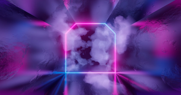 3 d渲染。霓虹灯下的几何图形，映衬着黑暗的隧道。激光线发光。霓虹灯的背景图片下载