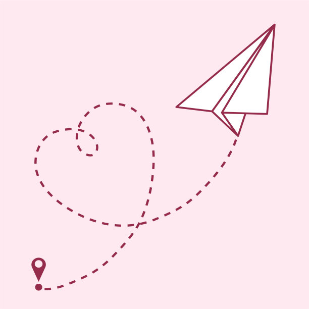 纸飞机图标与泰丝一样的心符号为爱旅行设计贺卡在粉红色的背景，股票矢量插图图片下载