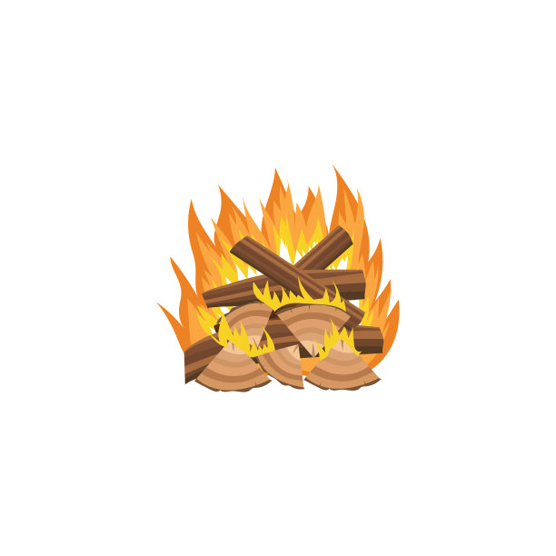篝火用一大堆杂乱排列的柴火，炽热的卡通火燃烧着大块的木头。图片下载