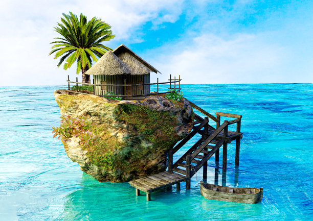 在阳光明媚的日子里，在热带海滩上的岩石岛上的平房和清澈的水图片下载