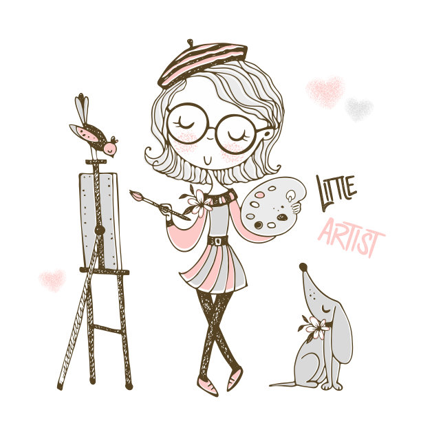 可爱的小画家画了一幅画。向量。涂鸦风格。图片下载