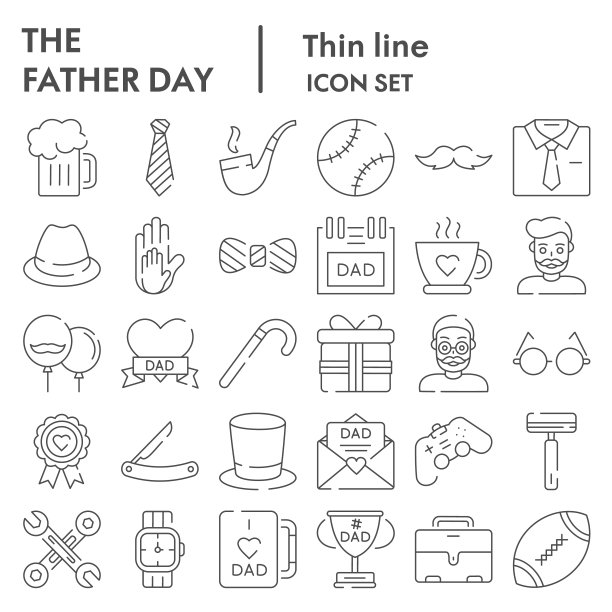 父亲节细线图标集，男性配件和礼品符号收集，矢量草图，标志插图，男性物品符号线形象形图包装孤立在白色背景，eps 10。图片下载
