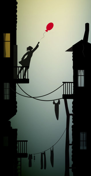 贫民窟里的女孩捧着红气球那飞走了，概念梦想在贫民窟里，城市的景象，向量图片下载