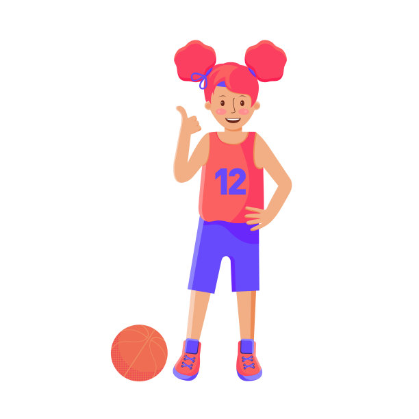 女篮球运动员拿着球。孩子打篮球。彩色卡通插图在平面矢量。孩子的运动。体育团队游戏。健康的生活方式。用球玩游戏。女孩的运动员。图片下载