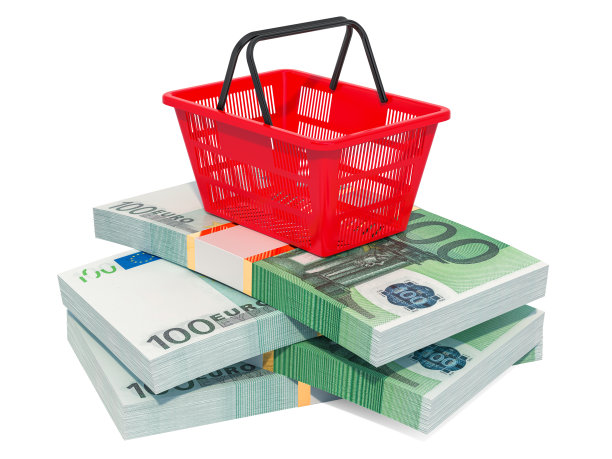 欧元包上的购物篮，白色背景上的3D渲染隔离图片下载