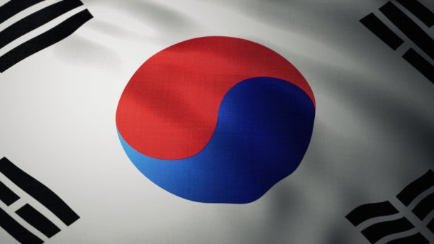近距离观察韩国国旗在风中飘扬。三维渲染图片下载