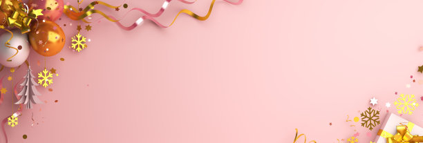 新年快乐横幅，冬季抽象设计创意概念，气球，缎带，礼盒，雪花图标五彩纸屑闪耀散在柔和的颜色背景。复制文本空间。图片下载