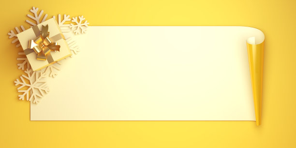 新年快乐横幅或冬季卡片设计创意概念，礼盒，雪花图标，金色白色卷纸上闪闪发光的五彩纸屑黄色背景。复制空格文本区图片下载
