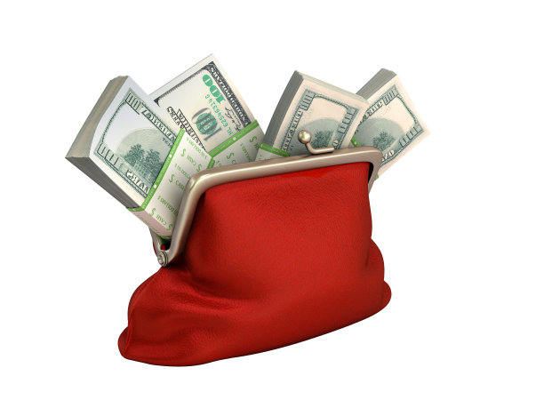 红色钱包与美元金钱堆叠3d渲染在白色没有阴影图片下载