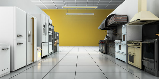 厨房电器在超市的3d渲染图像背景图片下载