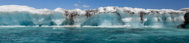 全景气候变化全球变暖概念，巨大的融化的冰山从布赖德默克冰川断裂成Jokulsarlon泻湖，冰岛全景网络横幅图片下载