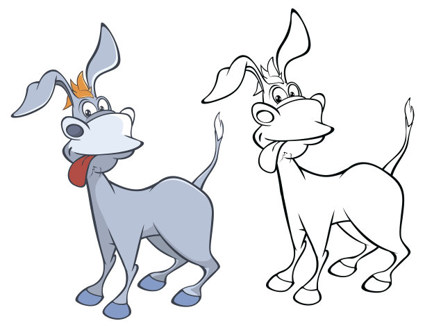 插图一个可爱的卡通人物毛驴为您设计和电脑游戏。着色书大纲集图片下载