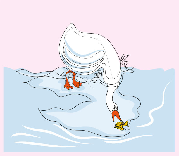 湖面上的白鸭钓鱼的连续线描。图片下载