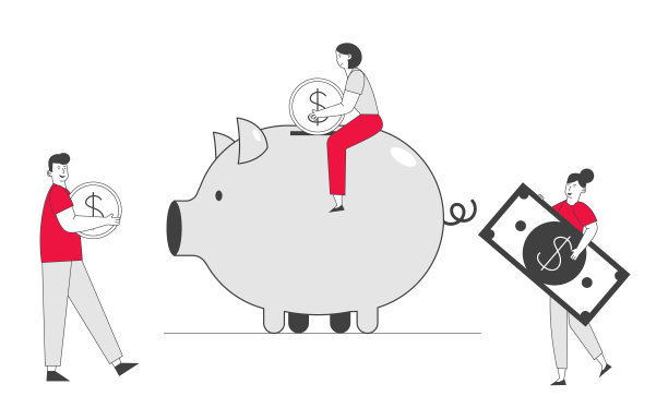男人和女人把金币和美元钞票放进小猪储蓄罐。人们在储蓄箱中储蓄和收集钱，开设银行存款。家庭财务预算卡通平面矢量插图，线条艺术素材图片