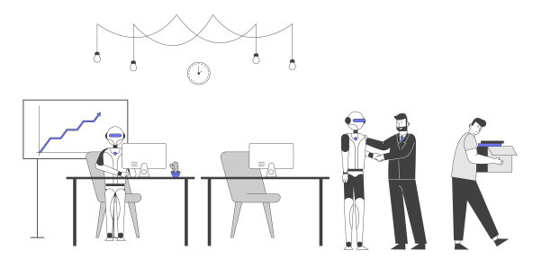 人类与机器人的概念。老板和办公室里的机器人握手，而不是人类工人。采购产品自动化，未来和人工智能卡通平面矢量插图，线艺术图片下载