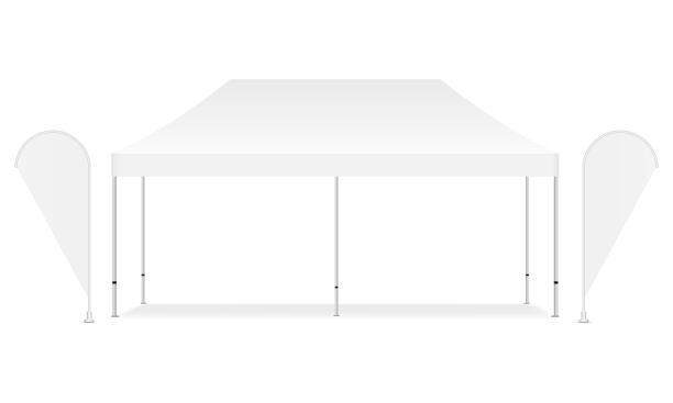 空白的矩形顶篷帐篷与两个促销旗帜隔离在白色背景图片下载
