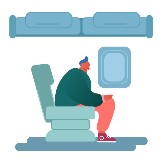 航空运输服务，旅游。放松的乘客男性角色旅行者或游客看窗户在飞机，男人坐在飞机旅行乘飞机。卡通平面矢量插图图片下载