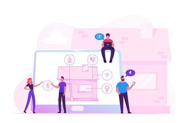 智能住宅的概念。人们在巨大的笔记本电脑上使用人工智能技术设计的家居大楼。物联网应用服务应用。卡通平面矢量插图图片下载