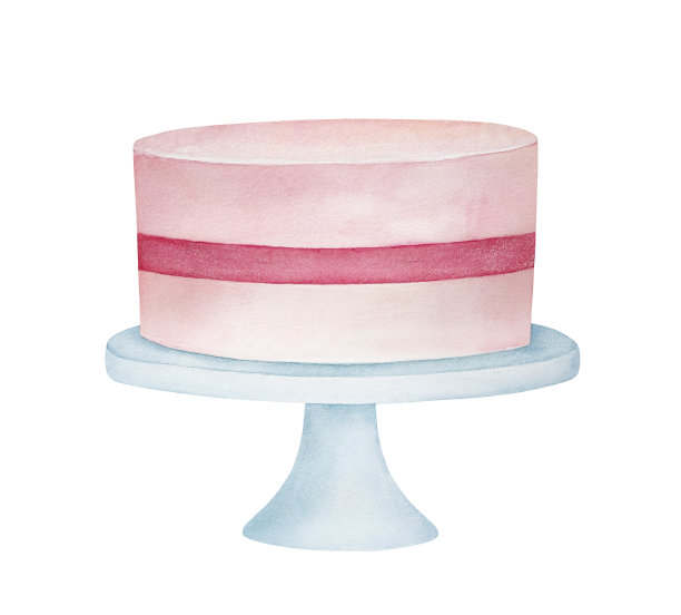 粉红色节日蛋糕的水彩画在经典的白色支架上。一个物体，正面。手绘水彩素描，剪纸剪辑艺术元素的设计，贺卡，邀请。图片下载