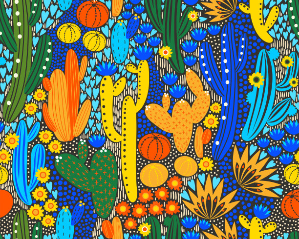 矢量无缝模式与仙人掌在黑色的背景。夏天的植物，花和叶。自然花卉鲜艳的设计。植物插图。图片下载