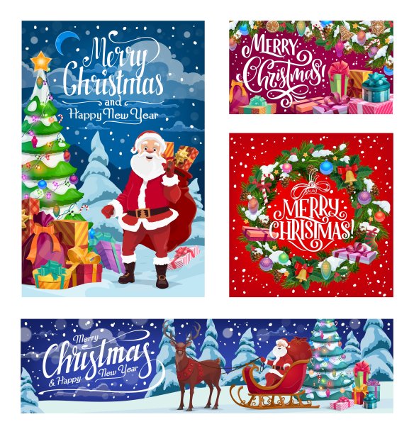 圣诞老人拉着鹿拉着雪橇，冬天送礼物图片下载