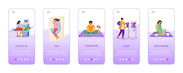 快乐怀孕登陆手机应用屏幕矢量模板。孕妇的帮助。产前护理。用平面字符演练网站步骤。UX, UI, GUI智能手机卡通界面概念图片下载