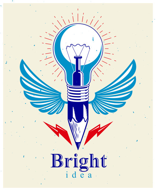 铅笔与创意灯泡结合成符号与翅膀，创造性能源设计艺术或科学发明或研究矢量标志或图标。图片下载