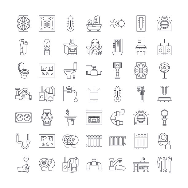 采暖，管道，通风线性图标，标志，符号向量线插图集图片下载