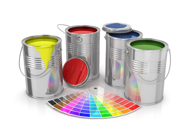 金属罐与彩色油漆和调色板3d插图图片下载