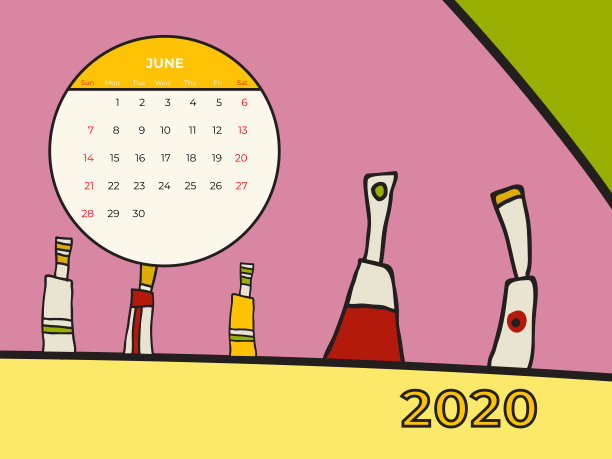 2020年6月日历抽象当代艺术矢量。桌面、屏幕、桌面月06日，2020年，多彩2020日历图片下载