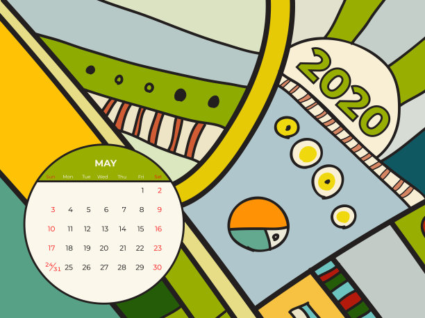 2020年5月日历抽象当代艺术矢量。书桌，屏幕，桌面05月，2020，彩色2020日历图片下载