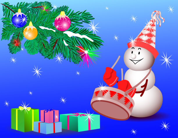 雪人用鼓，礼物，圣诞树的树枝用玩具。向量图片下载