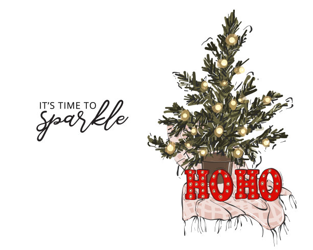 圣诞手绘圣诞树和红色的HOHOHO字母与花环灯圣诞设计。现代时尚假日装饰，12月插画。文字排版装饰图片下载