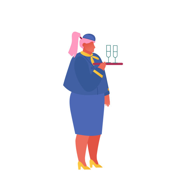 穿着制服的空姐拿着托盘，酒杯被隔离在白色背景上。航空运输服务，飞机上的机组人员在飞机上的空中小姐在飞机上的卡通平面矢量插图图片下载