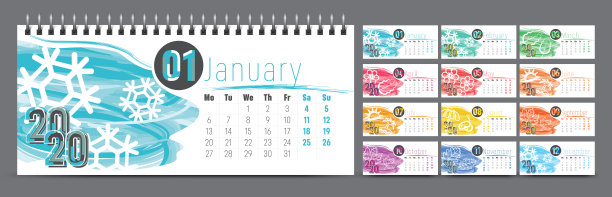 2020年日历模板。矢量和排版计划日记在极简主义风格。素材图片