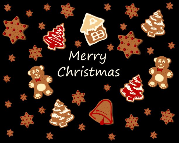 姜饼饼干矢量框架。圣诞食品甜点装饰，甜姜和饼干插图。黑色背景。图片下载
