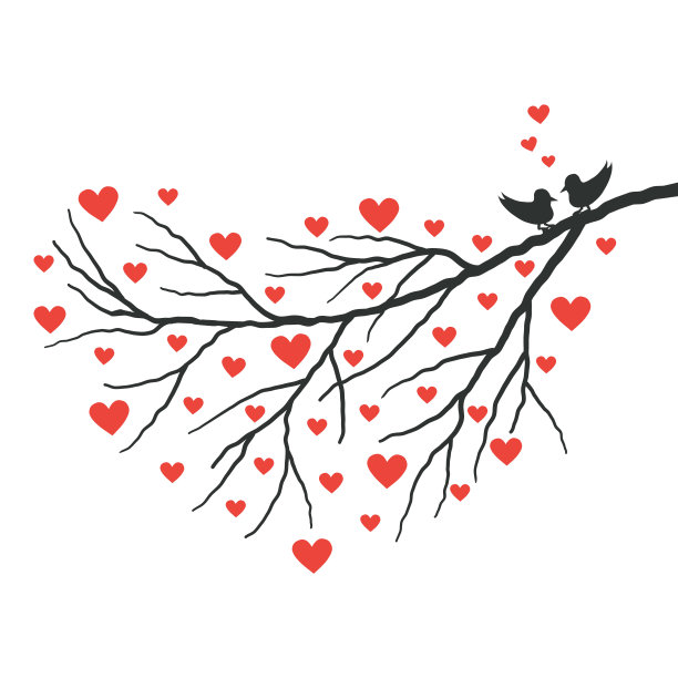 情人节树。树枝上有一颗红心和一对可爱的小鸟。情人节的概念图片下载