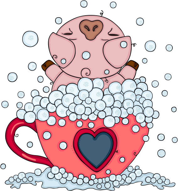 猪在泡着肥皂泡的茶杯上洗澡图片下载