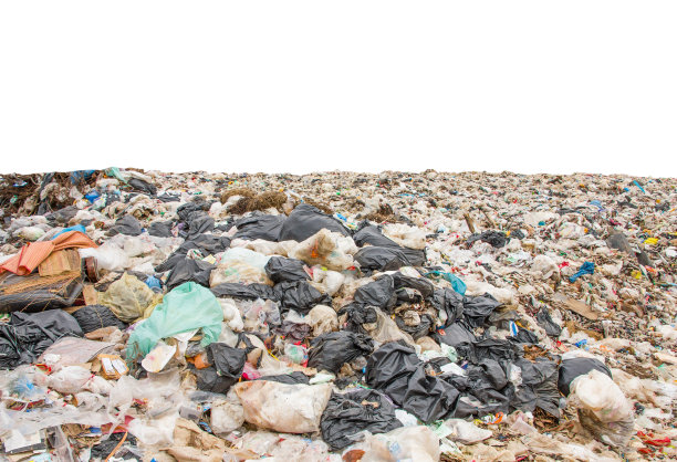 垃圾场堆在垃圾场或填埋场中，卡车倾倒的是市政垃圾，垃圾场堆孤立在白色背景上的污染概念图片下载